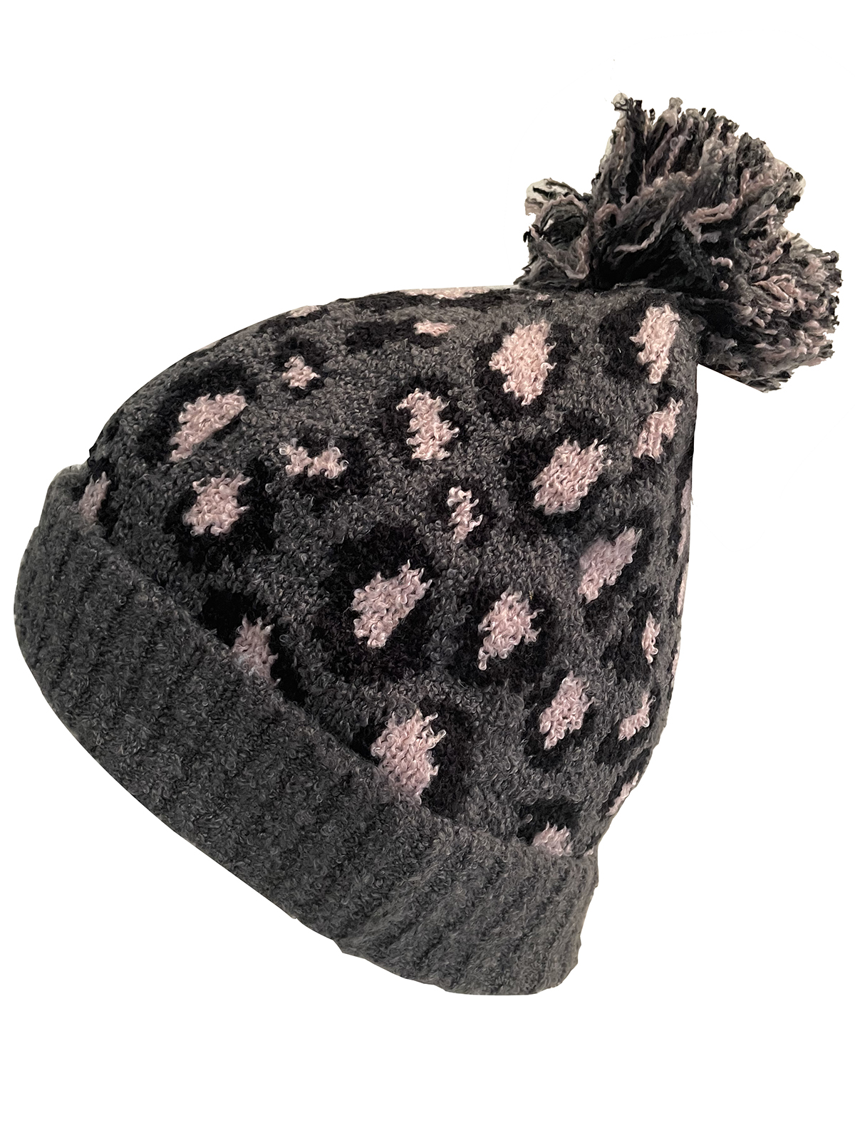 Last Two! Stylish Black and White C.C. Beanie w/Leopard Print & Faux Fur Pom Leopard CC Beanie Pom Hat Women Teens Truly Contagious main image 2